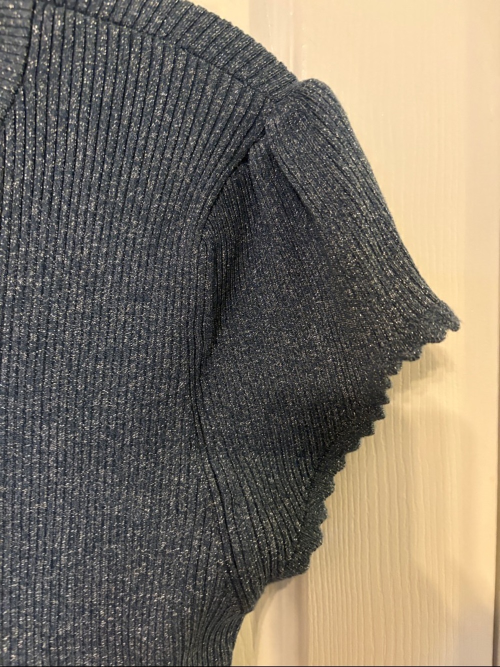Whit House Black Market NWT shimmer Scalloped Ribbed Short Sleeve Sweater - Blue - Picture 7 of 12